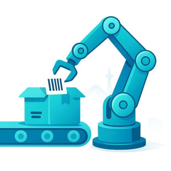 ثبت مکانیزه: بازوی رباتی در حال چسباندن برچسب بارکد روی بسته