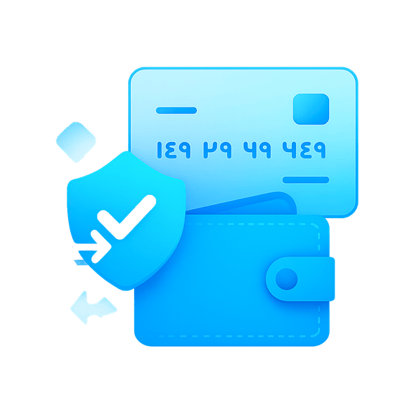 تسویه بانکی: کیف پول و کارت بانکی با تیک سبز و نماد امنیت/انتقال امن